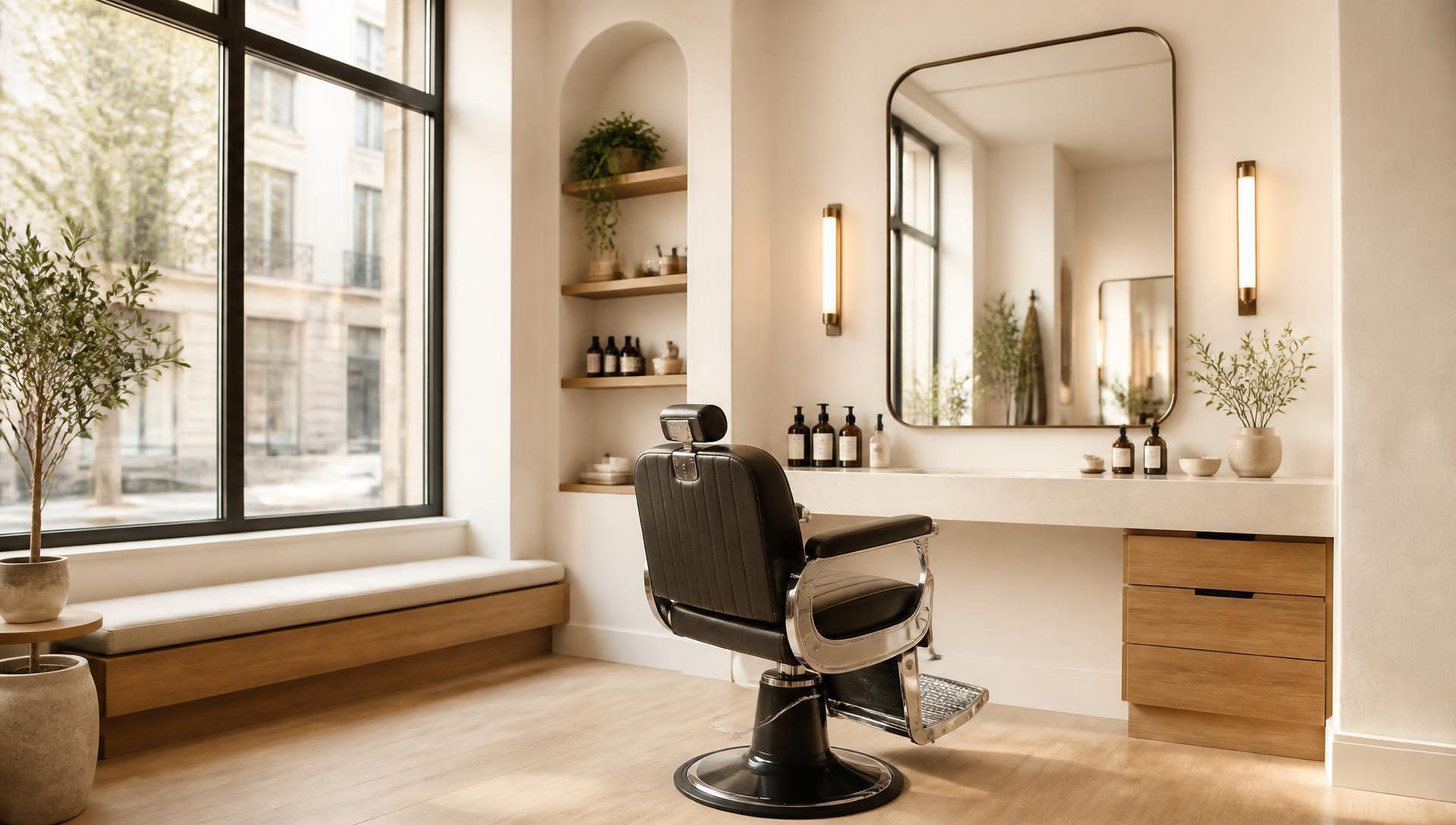 A barber finishing a client's cut in a sunlit shop